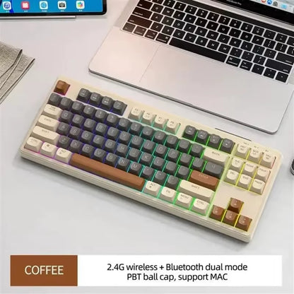 M87 Dual Mode Bluetooth Wireless Gaming Keyboard, 87 Keys with RGB Rainbow Lighting and PBT Keycaps for Quiet Office and Gaming Use
