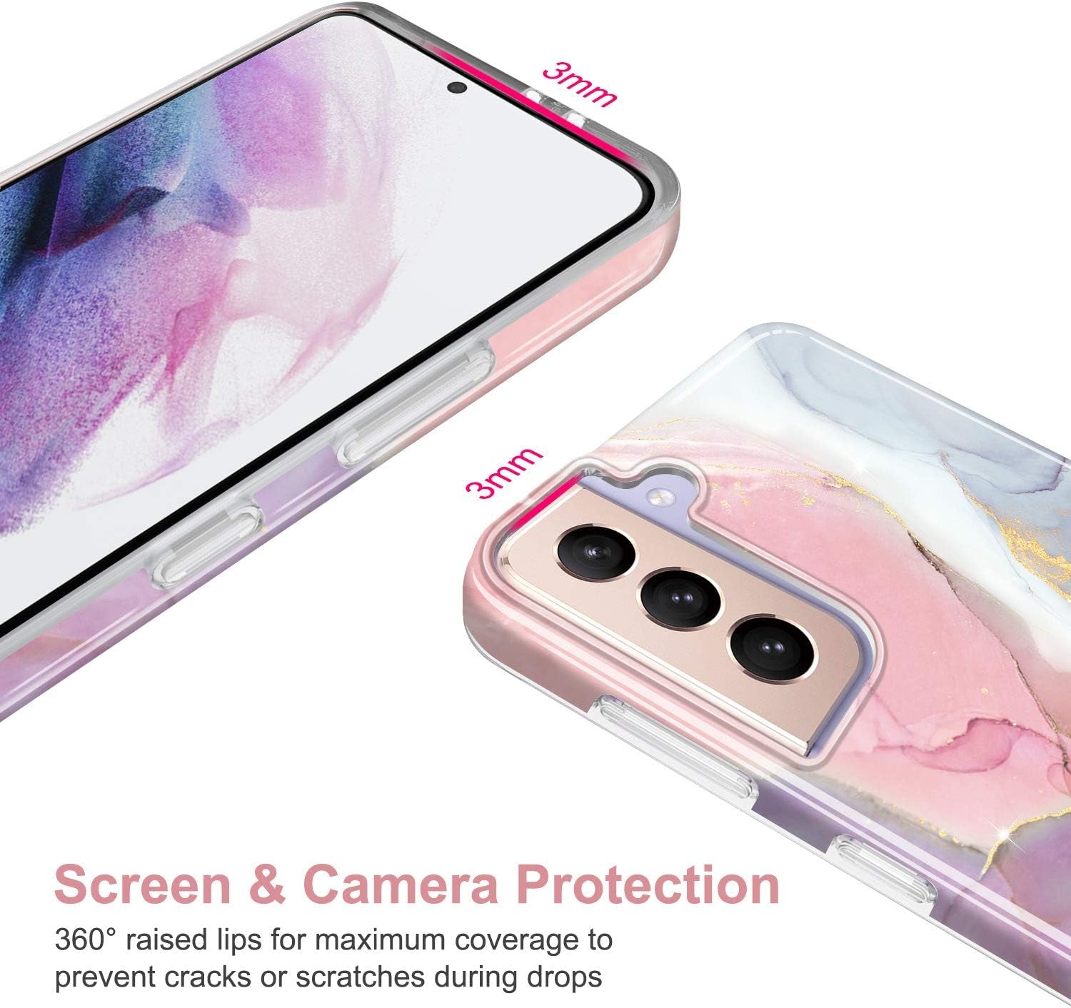 Galaxy S21 Slim Shockproof TPU Case with Gold Sparkle Glitter Marble Design for Samsung Galaxy S21 5G (6.2 Inch, 2021) - Pink and Purple