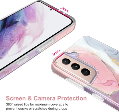 Galaxy S21 Slim Shockproof TPU Case with Gold Sparkle Glitter Marble Design for Samsung Galaxy S21 5G (6.2 Inch, 2021) - Pink and Purple