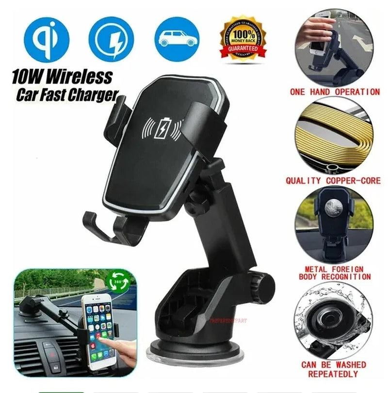 Qi Wireless Fast Charging Car Mount and Holder for Mobile Devices - 2-in-1 Design