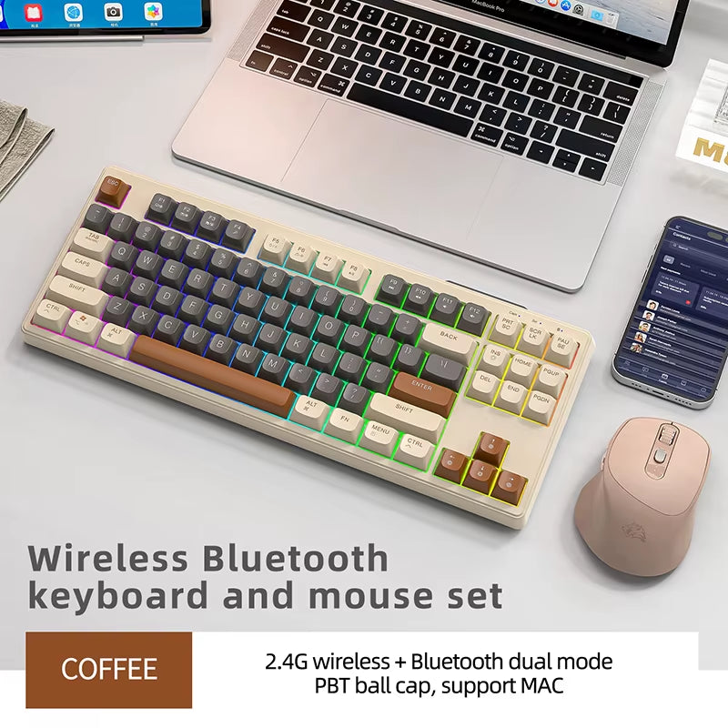 M87 Dual Mode Bluetooth Wireless Gaming Keyboard, 87 Keys with RGB Rainbow Lighting and PBT Keycaps for Quiet Office and Gaming Use