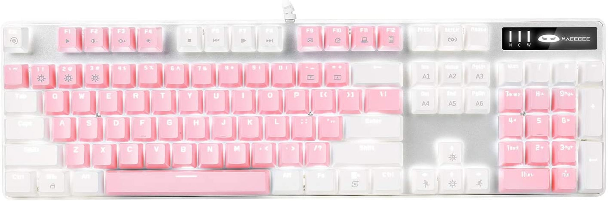 Mechanical Gaming Keyboard with Upgraded Blue Switches, 104 Keys, White Backlit, USB Wired for Laptops and Desktops - Ideal for PC Gamers (White & Pink)