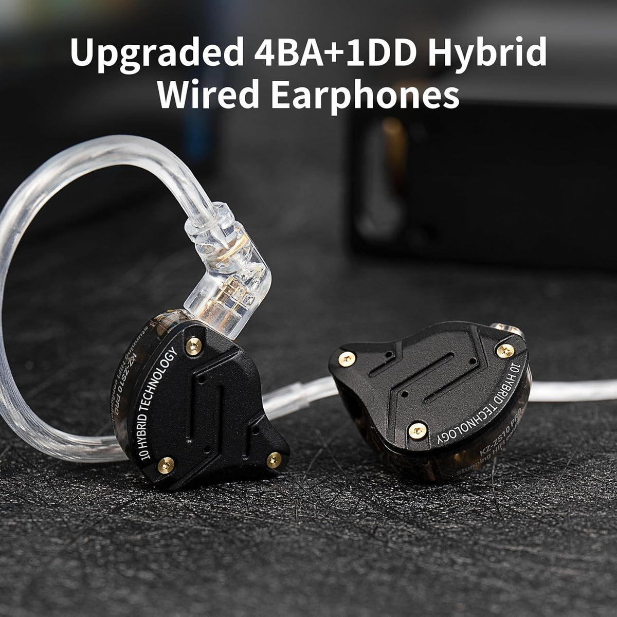 KZ ZS10 Pro In-Ear Monitors - High-Fidelity Earbuds with 4 Balanced Armature and 1 Dynamic Driver, Upgraded Detachable 0.75mm 2-Pin 6N OFC Cable (Black, No Microphone)
