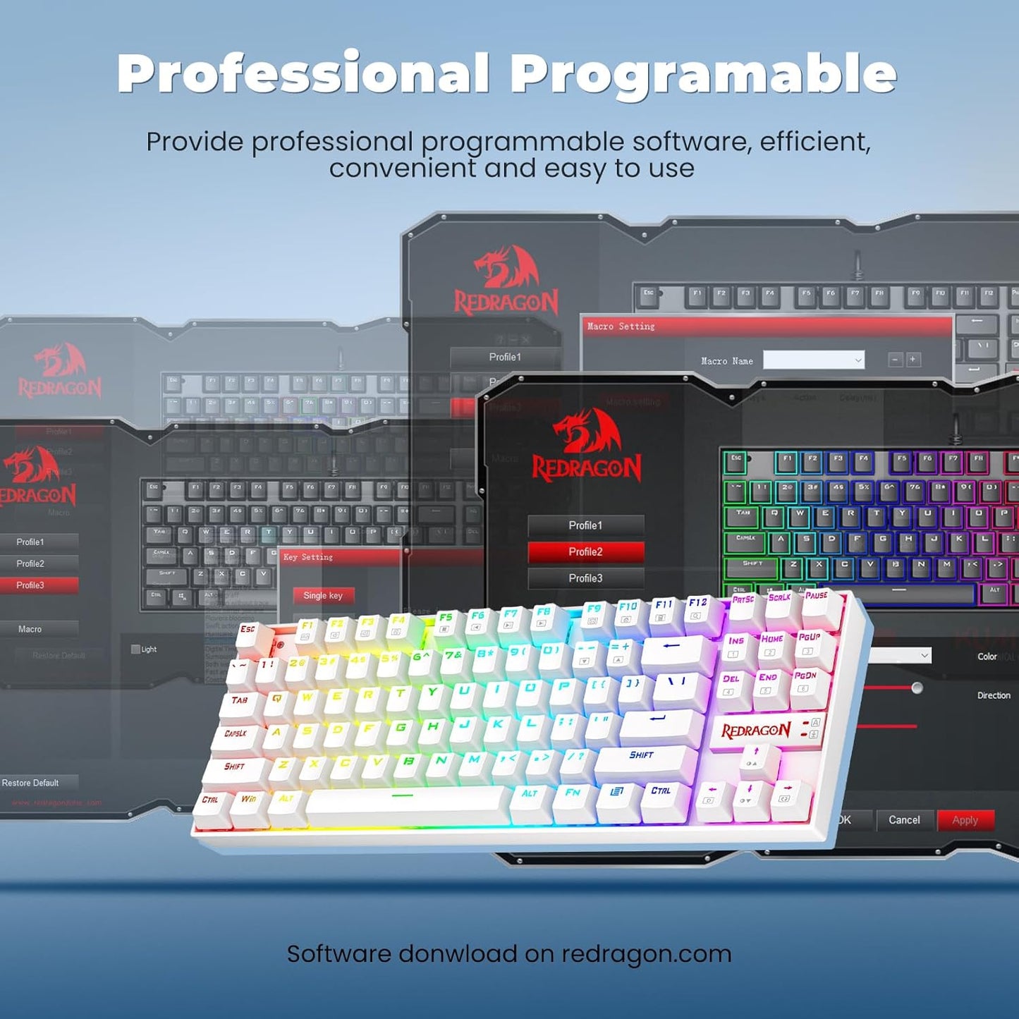 K552P TKL Mechanical Gaming Keyboard - 18 Backlight Modes, Hot-Swappable Blue Switches, 87-Key Compact Ergonomic Design, N-Key Rollover, and Software Programmable Macros - RGB, White