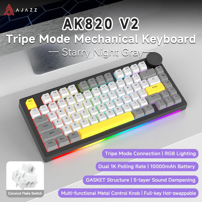 AK820V2/Ak820Vpro Multifunctional Mechanical Keyboard with Tri-Mode Connectivity and Wrist Rest