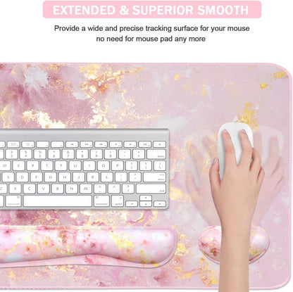 Extended Keyboard and Mouse Pad Set with Ergonomic Wrist Rest Support, Memory Foam Design, 3-Piece Desk Pad Set for Home Office, Study, and Gaming - Pink Gold Marble (35.4 x 15.7 inches)