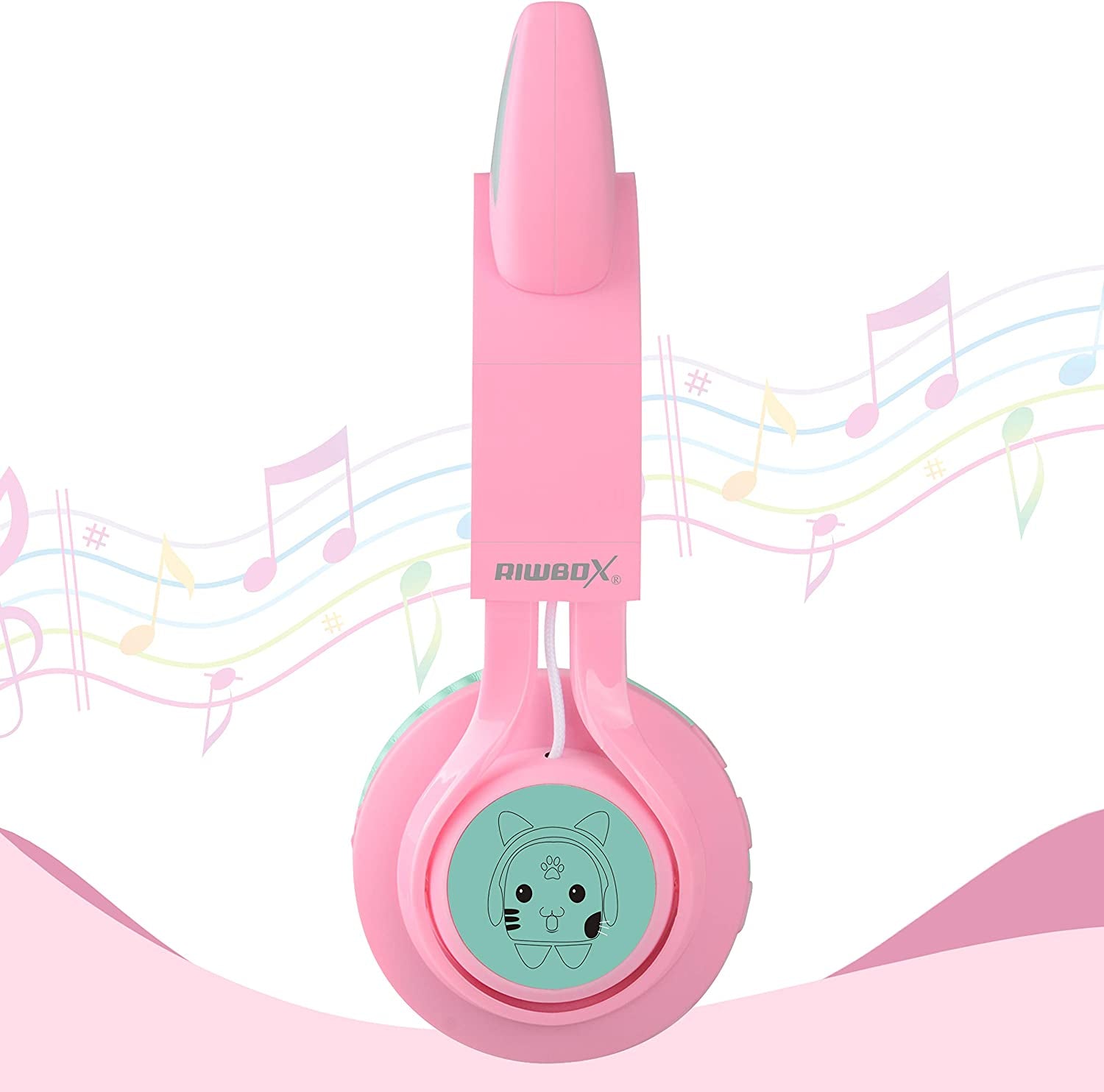 CT-7 Bluetooth Cat Ear Headphones for Kids with LED Lights, Wireless Over-Ear Design, Microphone, and Volume Control - Ideal for Travel, School, Smartphones, Laptops, and TVs (Pink & Green)