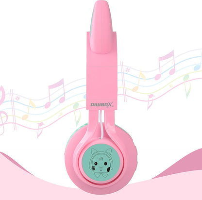 CT-7 Bluetooth Cat Ear Headphones for Kids with LED Lights, Wireless Over-Ear Design, Microphone, and Volume Control - Ideal for Travel, School, Smartphones, Laptops, and TVs (Pink & Green)