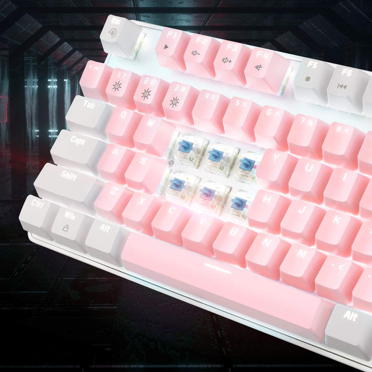 Mechanical Gaming Keyboard with Upgraded Blue Switches, 104 Keys, White Backlit, USB Wired for Laptops and Desktops - Ideal for PC Gamers (White & Pink)