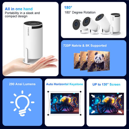 HY300 Pro 8K Android Projector - Dual WiFi 6, 290 ANSI Lumens, Allwinner H726, Bluetooth 5.4, 1080P, 1280x720P - Home Cinema and Outdoor Use